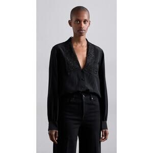 Frame Black Silk Lace Puritan Collar Button Front Blouse XS